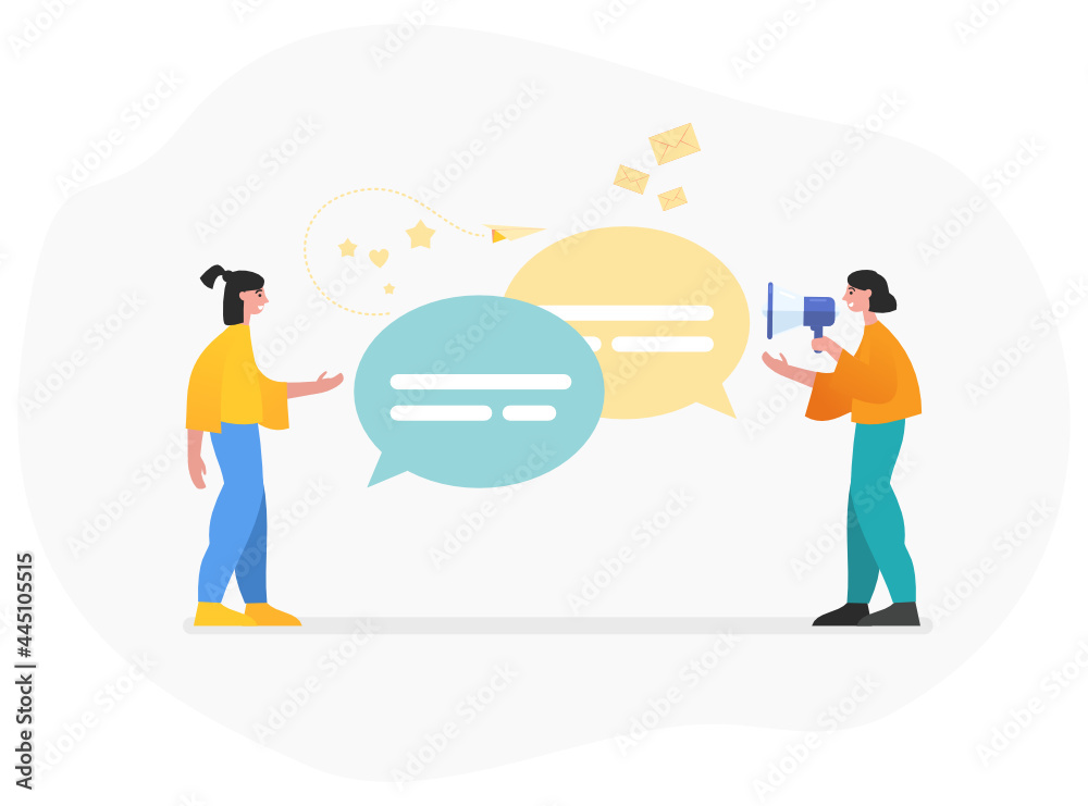 Question, answer, help center. Two people stand near chat bubles talking. Modern vector illustration