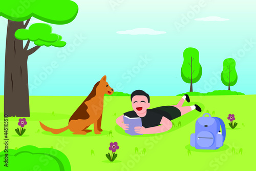 Reading book vector concept  Cute boy reading a book with his dog while enjoying leisure time in the park