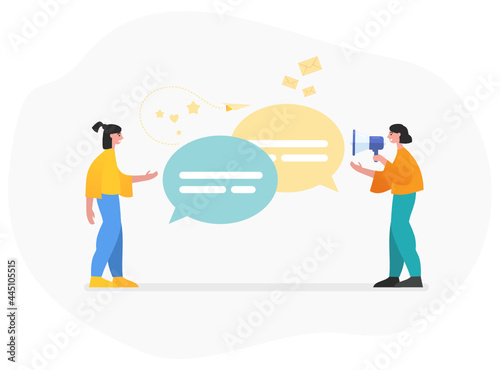 Question, answer, help center. Two people stand near chat bubles talking. Modern vector illustration