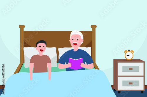 Reading book vector concept: Grandfather reads a book for his cute grandson on the bed 
