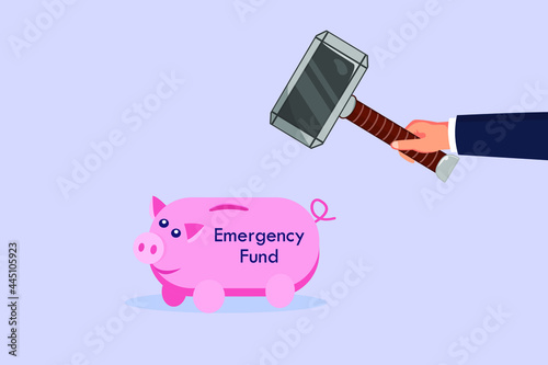 Emergency Fund vector concept. Hand breaking the piggy bank with a hammer to take the emergency fund