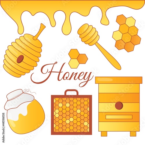 Honey beekeeper icons set with honeycomb, honey jar, drop.