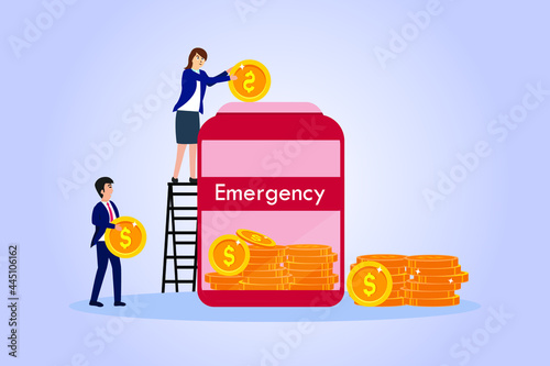 Emergency Fund vector concept. Business people saving money for emergency fund in a jar