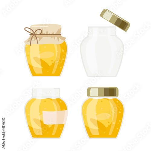 Yellow color jam jar set. Canned fruit or berries isolated. Orange or apricot jam. Preserved fruit in glass jars. For Farmer Market Branding. Organic food eco template. Sweet dessert with vitamins.