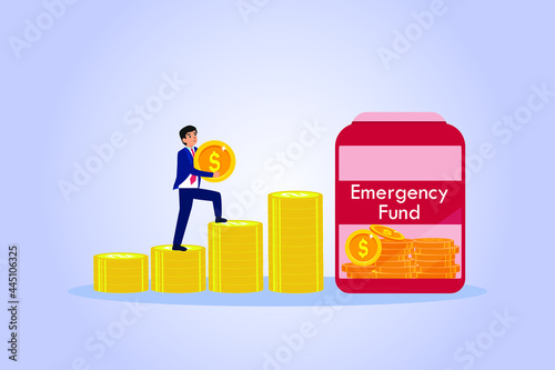 Emergency Fund vector concept. Businessman saving money for emergency fund in a jar