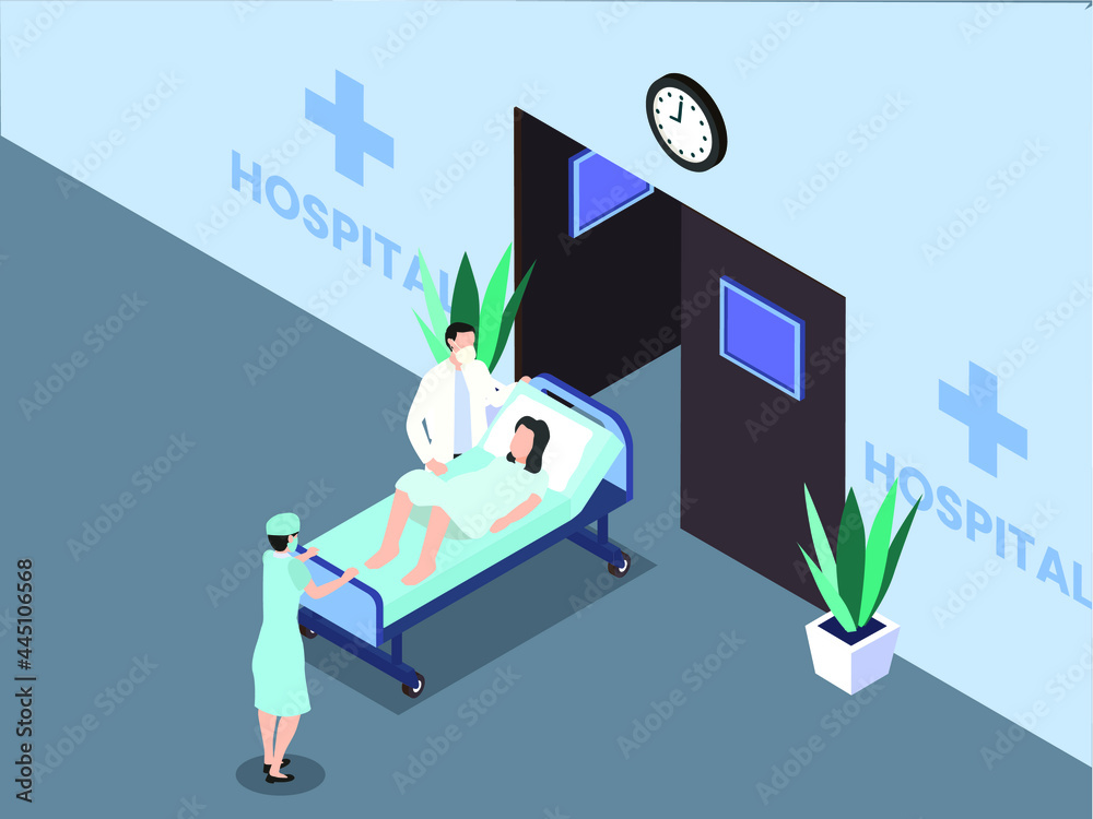 Emergency room isometric vector concept. Medical staff in a hurry move pregnant woman to emergency room in the hospital