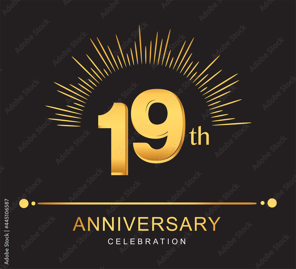 Fototapeta premium 19th anniversary design with golden color and firework for anniversary celebration
