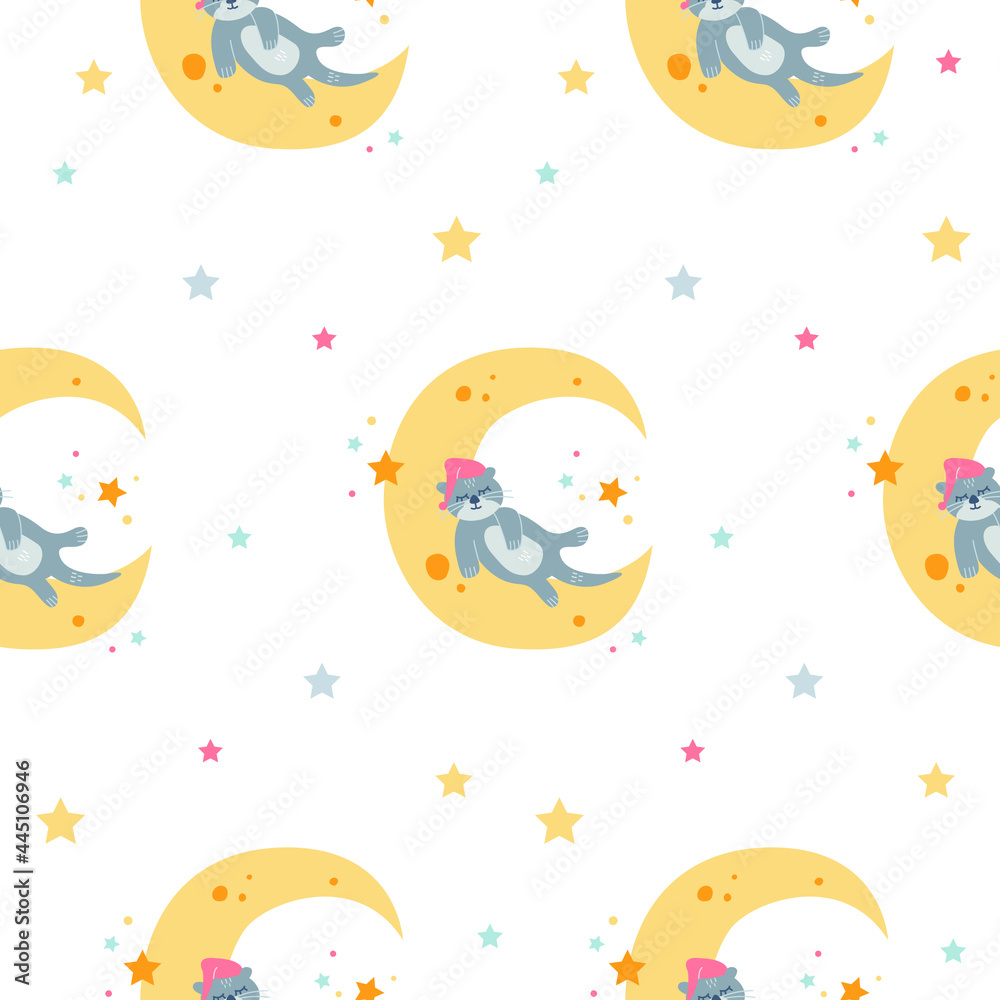 Vector seamless childish pattern with a cute cartoon otter sleeps on the moon on a white background. 