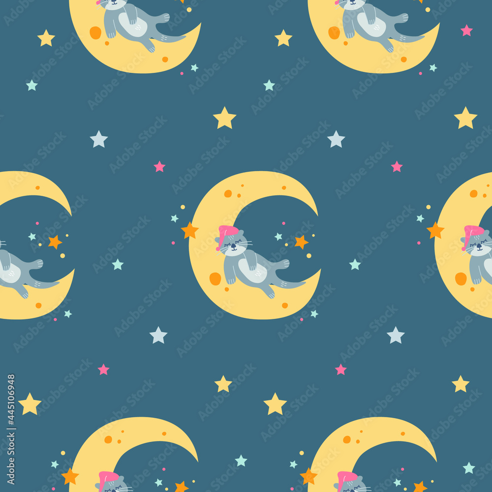 Vector seamless childish pattern with a cute cartoon otter sleeps on the moon on a dark blue background. 