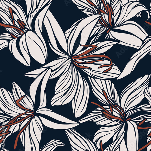 Lily hand drawn flower background, digital seamless paper with doodle floral texture , jungle leaves