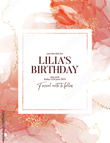 Watercolor wedding invitation card with coral aquarelle ink and gold glitter, modern poster