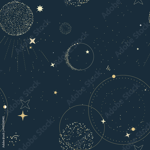 Night sky with Moon Gold celestial seamless pattern, Tender  universe constelllation vintage textile print , boho photo