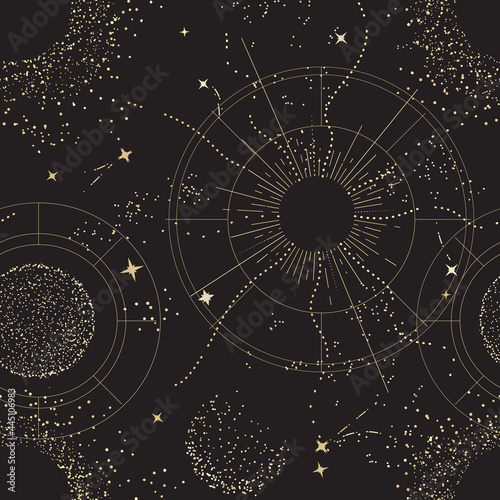 Galaxy universe mystic background, Night sky design. sacred geometry signs  . Constellation, Sun,  Moon Gold celestial seamless pattern, boho print