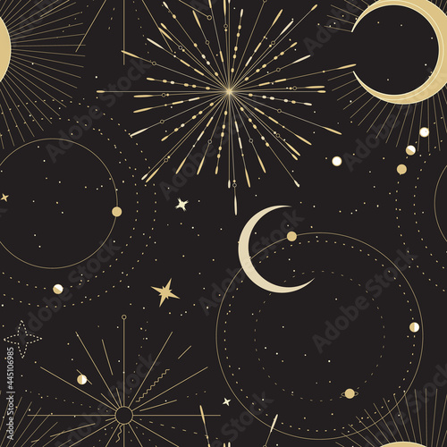 Sun and moon tarot sign seamless pattern design , celestial frawing, gold print . Eclipse decorative surface cover, boho tarot sacret geometry frame