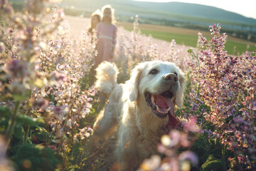 Group of children with a dog in nature. Girls play in the open air. High quality photo