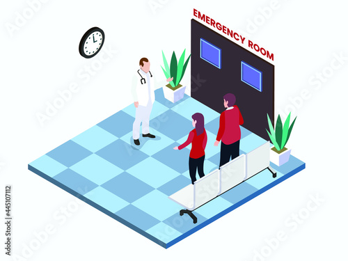 Emergency room isometric vector concept. Doctor move a patient with wheelchair in hospital corridor