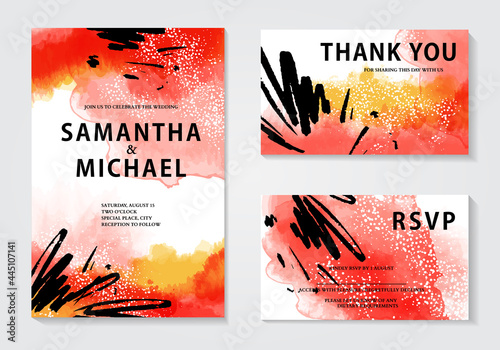 Watercolor painting wedding card invitation red ink aquarelle  set of banners