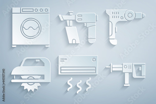 Set Air conditioner, Electric drill machine, circular saw, Rotary hammer, Nail gun and Washer icon. Vector