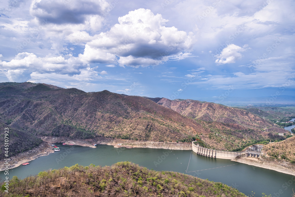 Big Bhumibol Dam Viewpoint, Middle Mountain and Blue Sky, Arched Concrete Dam, Hydroelectric Generator