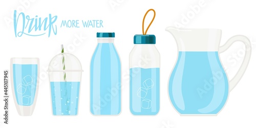 Drink more water. Handwritten caligraphy text and different water tanks. Vector set of various bottles, glass, flask and Motivational qoute Stay hydrated for poster, banner, social media advertising