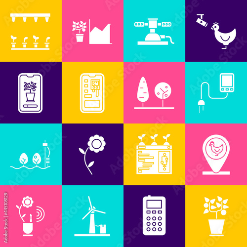 Set Plant in pot, Chicken farm and location, Sensor, Automatic irrigation sprinklers, Smart control farming system, and Trees icon. Vector