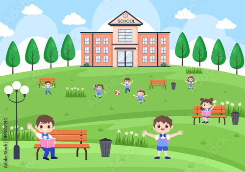 Back To School, Modern Building and Some Children Are Playing In The Front Yard. Background Landing Page Illustration