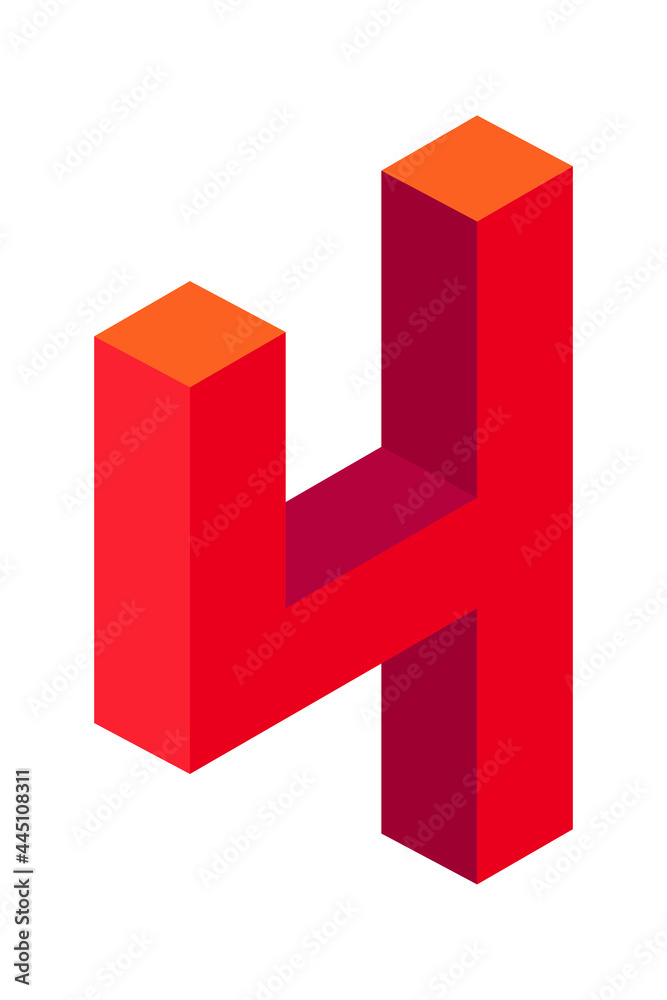 Red number 4 in isometric style. Isolated on white background. Learning numbers, serial number, price, place. Red number 4 in isometric style. Isolated on white background. Learning numbers, serial number, price, place.