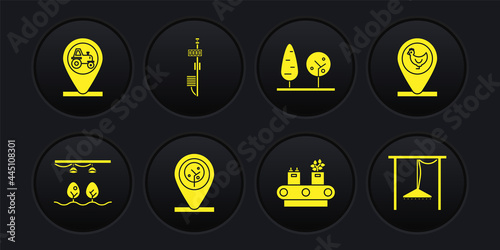 Set Smart farm with bulb and plant, Chicken location, Location tree, Conveyor belt box, Trees, Standalone sensor, Automatic irrigation sprinklers and Tractor icon. Vector