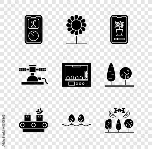 Set Smart farming technology, Flower, control system, Conveyor belt with box, Plant, drone, Automatic irrigation sprinklers and Incubator for eggs icon. Vector