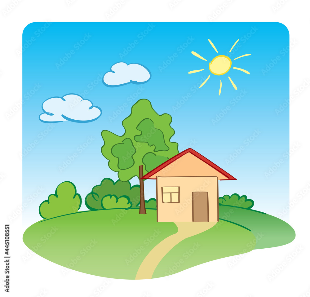 green nature and house - vector summer illustration