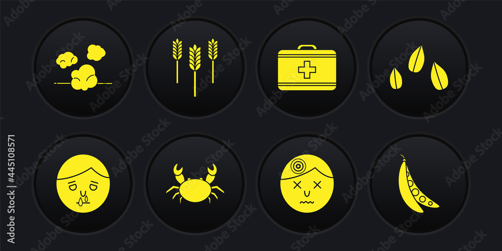 Set Runny nose, Sesame seeds, Crab, Man having headache, First aid kit, Wheat, Kidney beans and Dust icon. Vector Set Runny nose, Sesame seeds, Crab, Man having headache, First aid kit, Wheat, Kidney beans and Dust icon. Vector