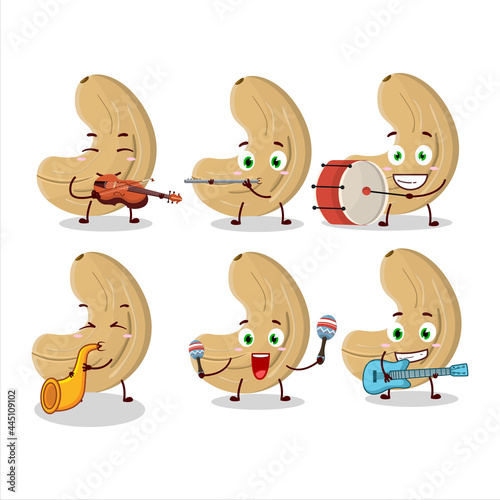 Cartoon character of cashew nuts playing some musical instruments