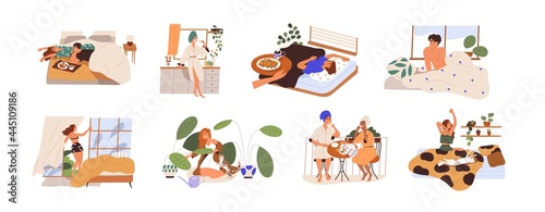 Set of happy people and their morning routine and habits. Sleepy man and woman waking up, stretching in bed, eating breakfast. Flat graphic vector illustration of wakeup isolated on white background photo
