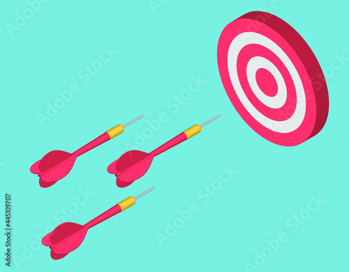 Red dart hit to center of dartboard. Arrow on bullseye in target. Business success, investment goal, marketing challenge, financial strategy, purpose achievement, focus ideas concept. 3d vector
