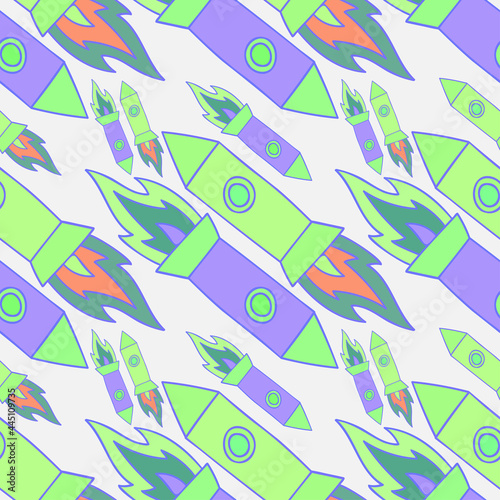 Seamless vector pattern colorful design of outer space with lined rockets in pastel green and purple