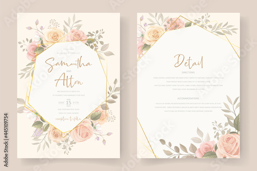 Beautiful soft floral and leaves wedding invitation card design