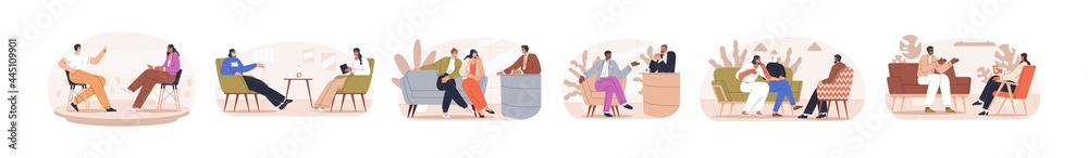 Set of celebrities at interviews. Guests of late night shows sitting on couches and armchairs and talking to TV host in studio. People at conversations. Flat vector illustration isolated on white