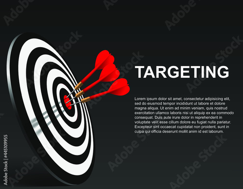 Three Red dart hit to center of dartboard. Arrow on bullseye in target. Business success, investment goal, marketing challenge, financial strategy, purpose achievement, focus ideas concept. 3d vector