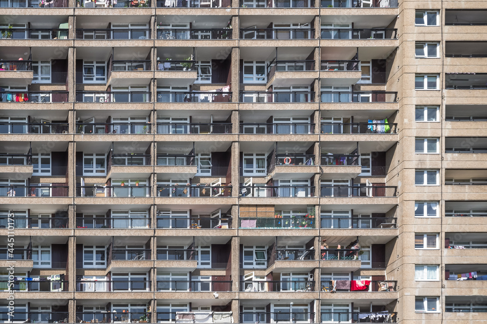 Facade of a Brutalist style tower block, Trellick Tower, in London, UK