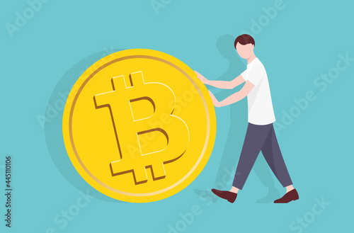 Vector illustration ;no line ;A man in casual clothes is rolling a bitcoin