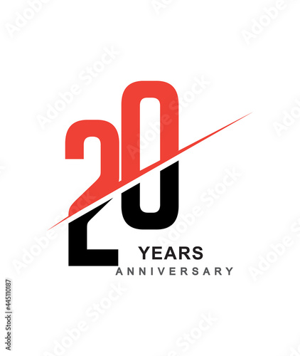 20th anniversary logo red and black swoosh design isolated on white background for anniversary celebration.