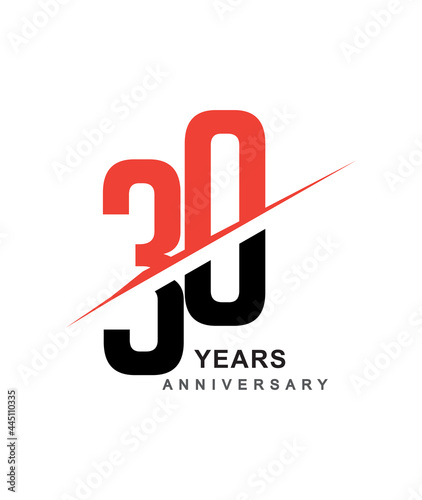 30th anniversary logo red and black swoosh design isolated on white background for anniversary celebration.
