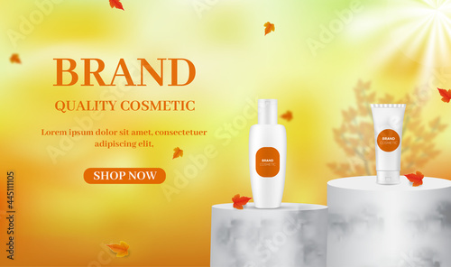 Skin care products on blurred background with twigs and leaf