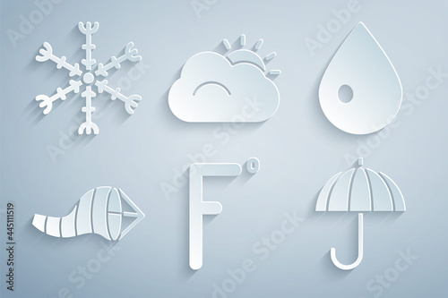 Set Fahrenheit, Water drop, Cone meteorology windsock wind vane, Umbrella, Sun and cloud and Snowflake icon. Vector