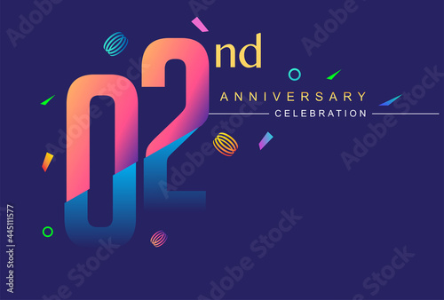 2nd anniversary celebration with colorful design, modern style with ribbon and colorful confetti isolated on dark background, for birthday celebration.