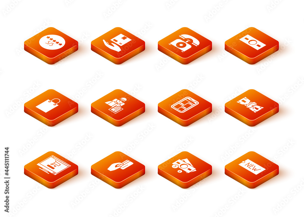 Set Shopping cart on computer, Hand holding with credit card, Paper shopping bag, Delivery man cardboard boxes, Stacks paper money cash, Online phone, Price tag text New and Crumpled icon. Vector Set Shopping cart on computer, Hand holding with credit card, Paper shopping bag, Delivery man cardboard boxes, Stacks paper money cash, Online phone, Price tag text New and Crumpled icon. Vector