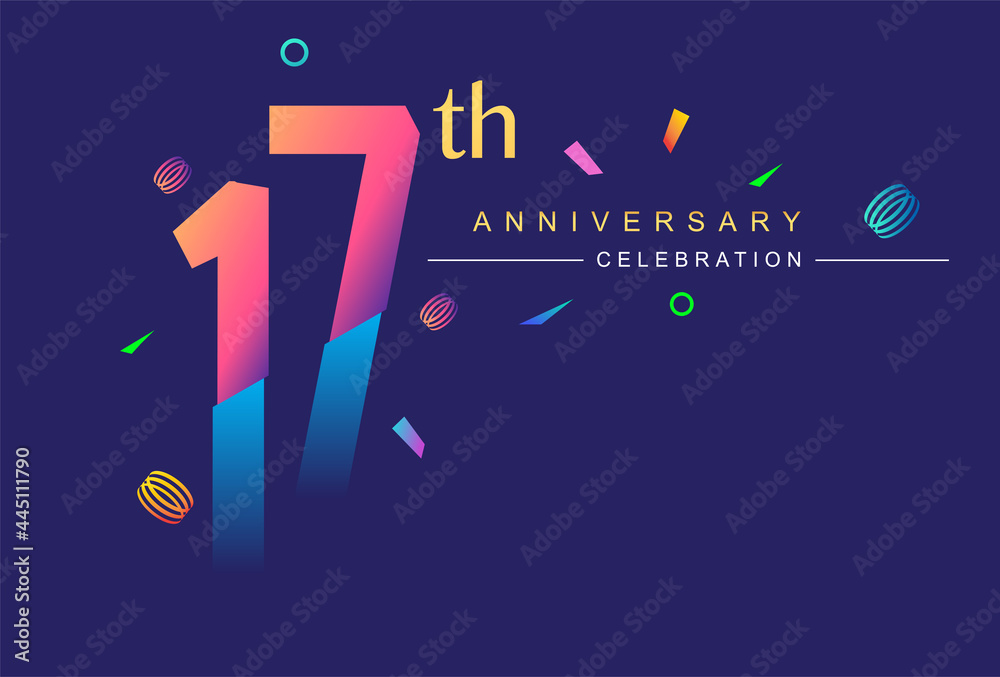 17th anniversary celebration with colorful design, modern style with ribbon and colorful confetti isolated on dark background, for birthday celebration. - obrazy, fototapety, plakaty 