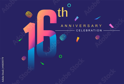 16th anniversary celebration with colorful design, modern style with ribbon and colorful confetti isolated on dark background, for birthday celebration. photo