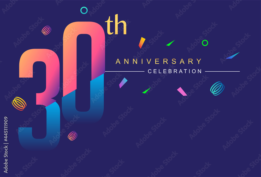 30th anniversary celebration with colorful design, modern style with ribbon and colorful confetti isolated on dark background, for birthday celebration.