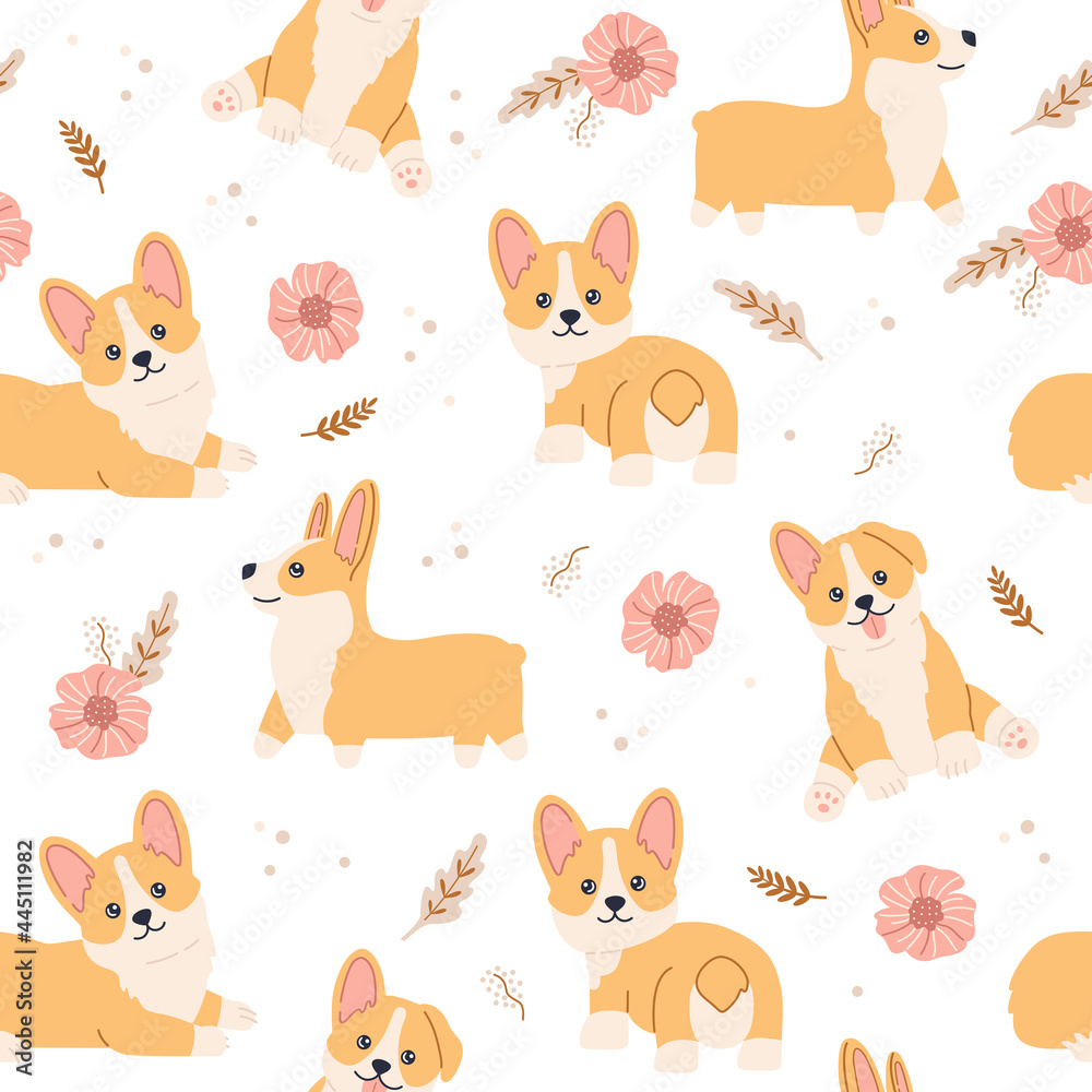 Obraz premium Kawaii smiling baby welsh corgi cartoon seamless pattern. Happy playful cute dog with flowers repeat white background. Funny domestic puppy flat doodle characters. Vector hand drawn kids illustration